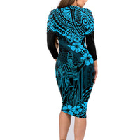 Hawaii King Kamehameha Family Matching Long Sleeve Bodycon Dress and Hawaiian Shirt Polynesian Pattern Sky Blue Version - Wonder Print Shop