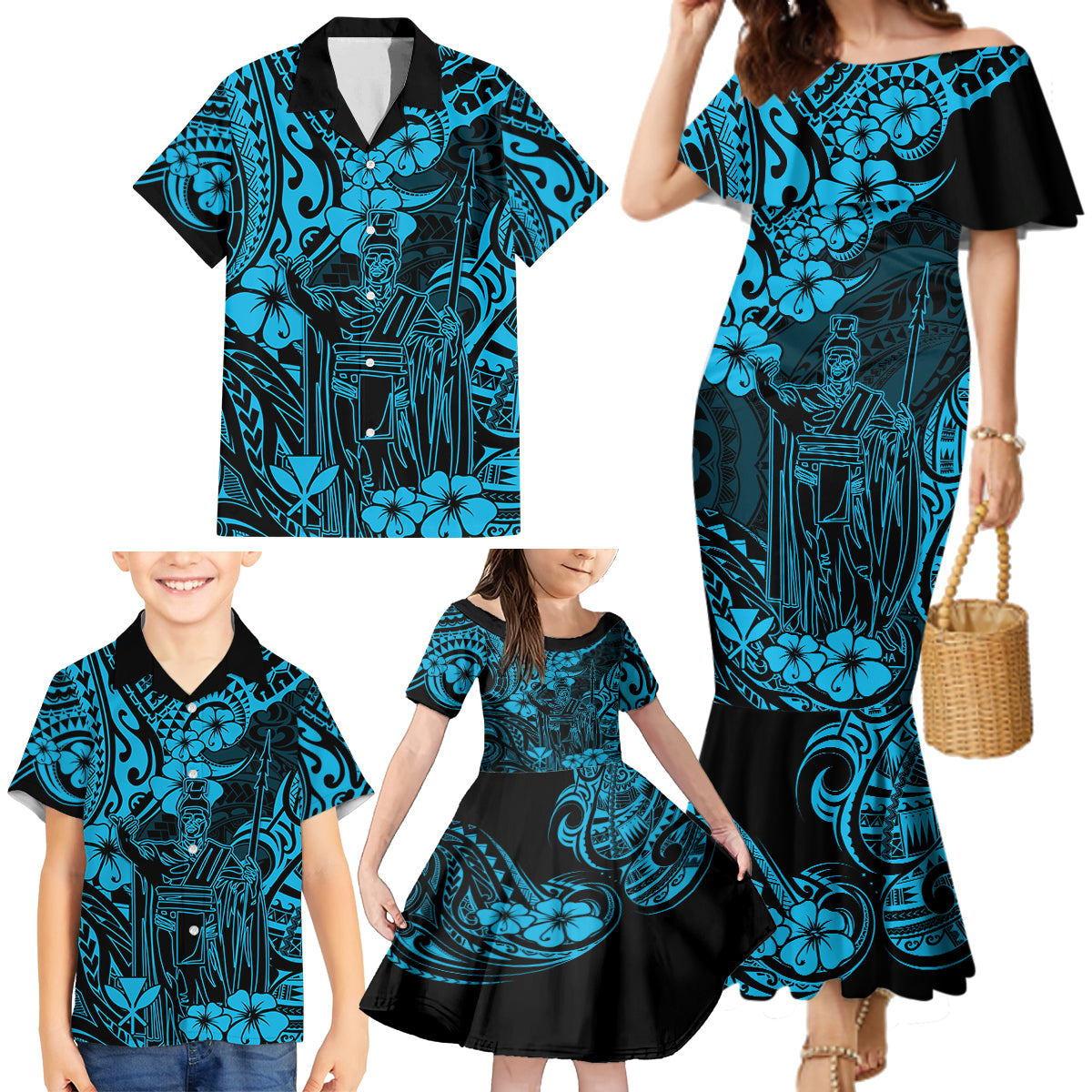 Hawaii King Kamehameha Family Matching Mermaid Dress and Hawaiian Shirt Polynesian Pattern Sky Blue Version - Wonder Print Shop
