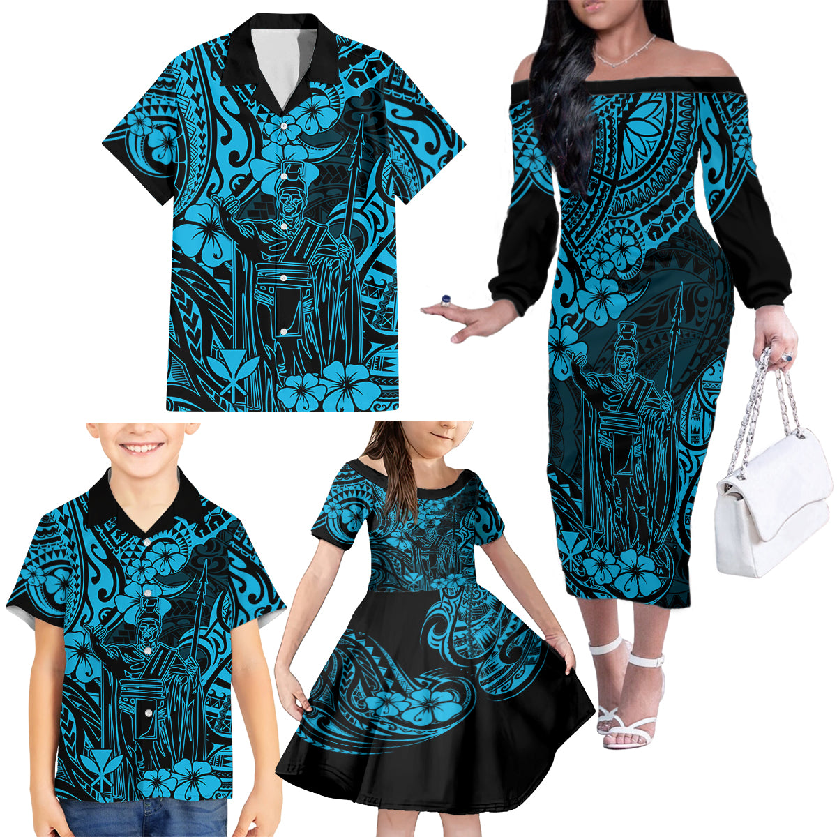 Hawaii King Kamehameha Family Matching Off Shoulder Long Sleeve Dress and Hawaiian Shirt Polynesian Pattern Sky Blue Version - Wonder Print Shop
