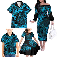 Hawaii King Kamehameha Family Matching Off Shoulder Long Sleeve Dress and Hawaiian Shirt Polynesian Pattern Sky Blue Version - Wonder Print Shop