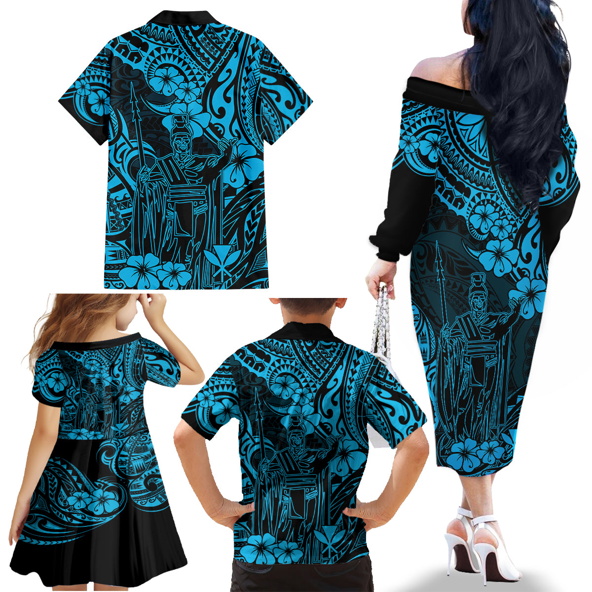 Hawaii King Kamehameha Family Matching Off Shoulder Long Sleeve Dress and Hawaiian Shirt Polynesian Pattern Sky Blue Version - Wonder Print Shop