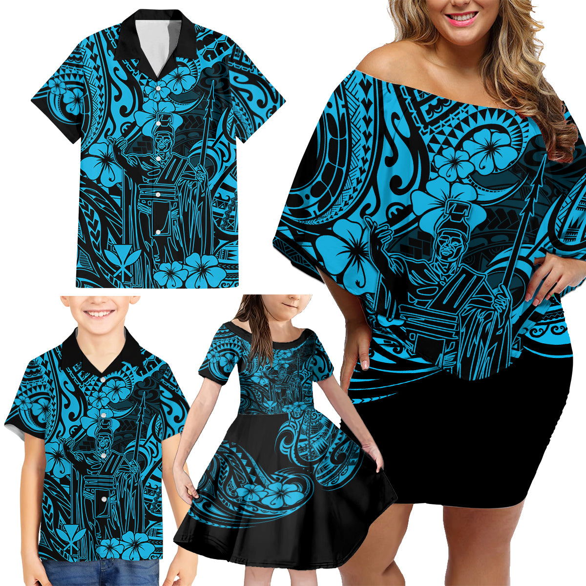 Hawaii King Kamehameha Family Matching Off Shoulder Short Dress and Hawaiian Shirt Polynesian Pattern Sky Blue Version - Wonder Print Shop