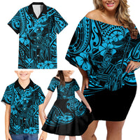 Hawaii King Kamehameha Family Matching Off Shoulder Short Dress and Hawaiian Shirt Polynesian Pattern Sky Blue Version - Wonder Print Shop