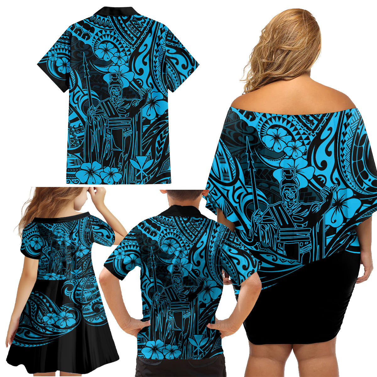 Hawaii King Kamehameha Family Matching Off Shoulder Short Dress and Hawaiian Shirt Polynesian Pattern Sky Blue Version - Wonder Print Shop