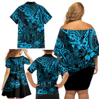 Hawaii King Kamehameha Family Matching Off Shoulder Short Dress and Hawaiian Shirt Polynesian Pattern Sky Blue Version - Wonder Print Shop