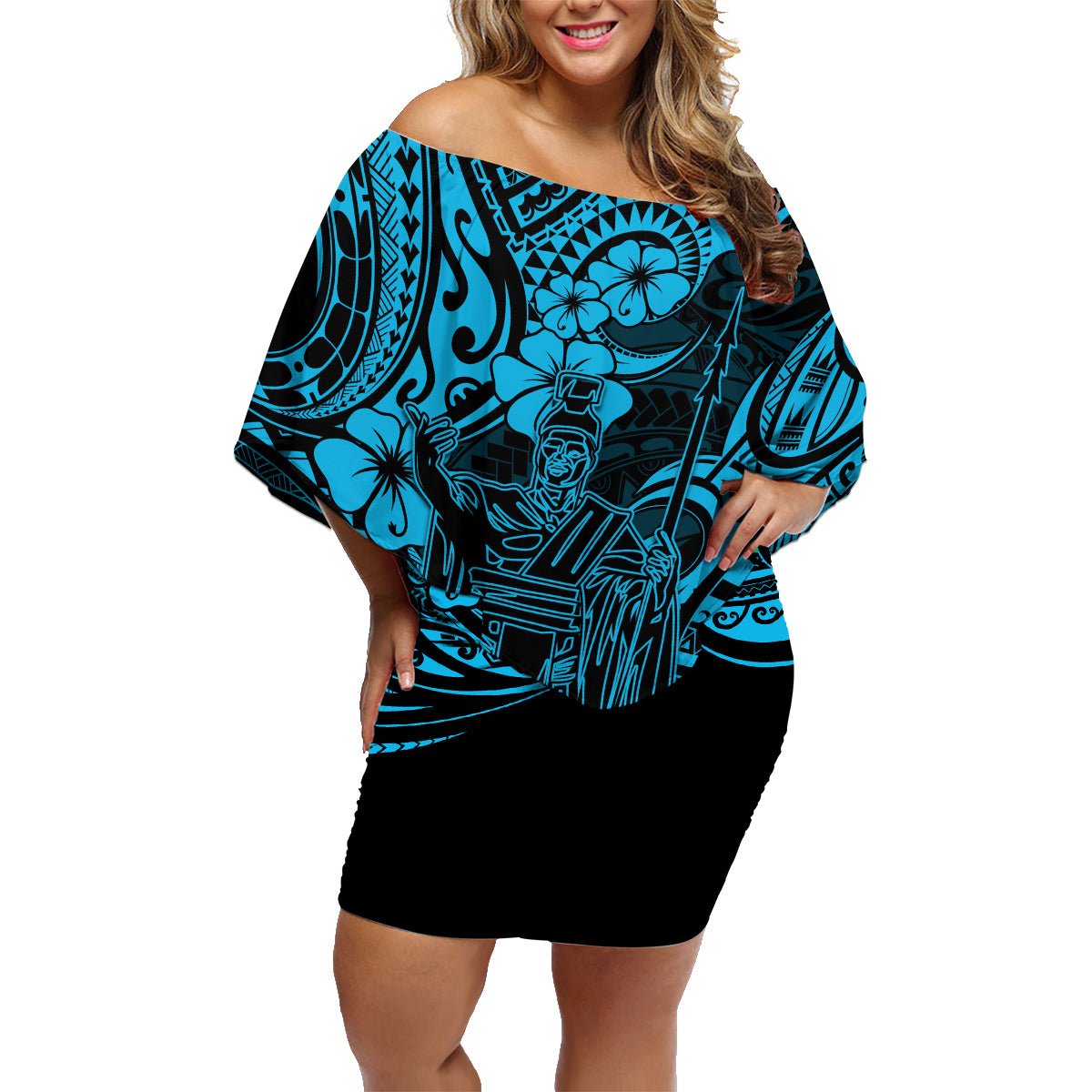 Hawaii King Kamehameha Family Matching Off Shoulder Short Dress and Hawaiian Shirt Polynesian Pattern Sky Blue Version - Wonder Print Shop