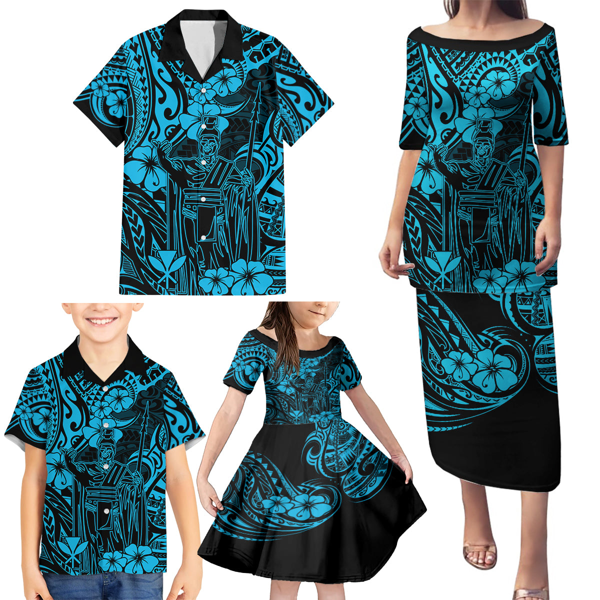 Hawaii King Kamehameha Family Matching Puletasi Dress and Hawaiian Shirt Polynesian Pattern Sky Blue Version - Wonder Print Shop