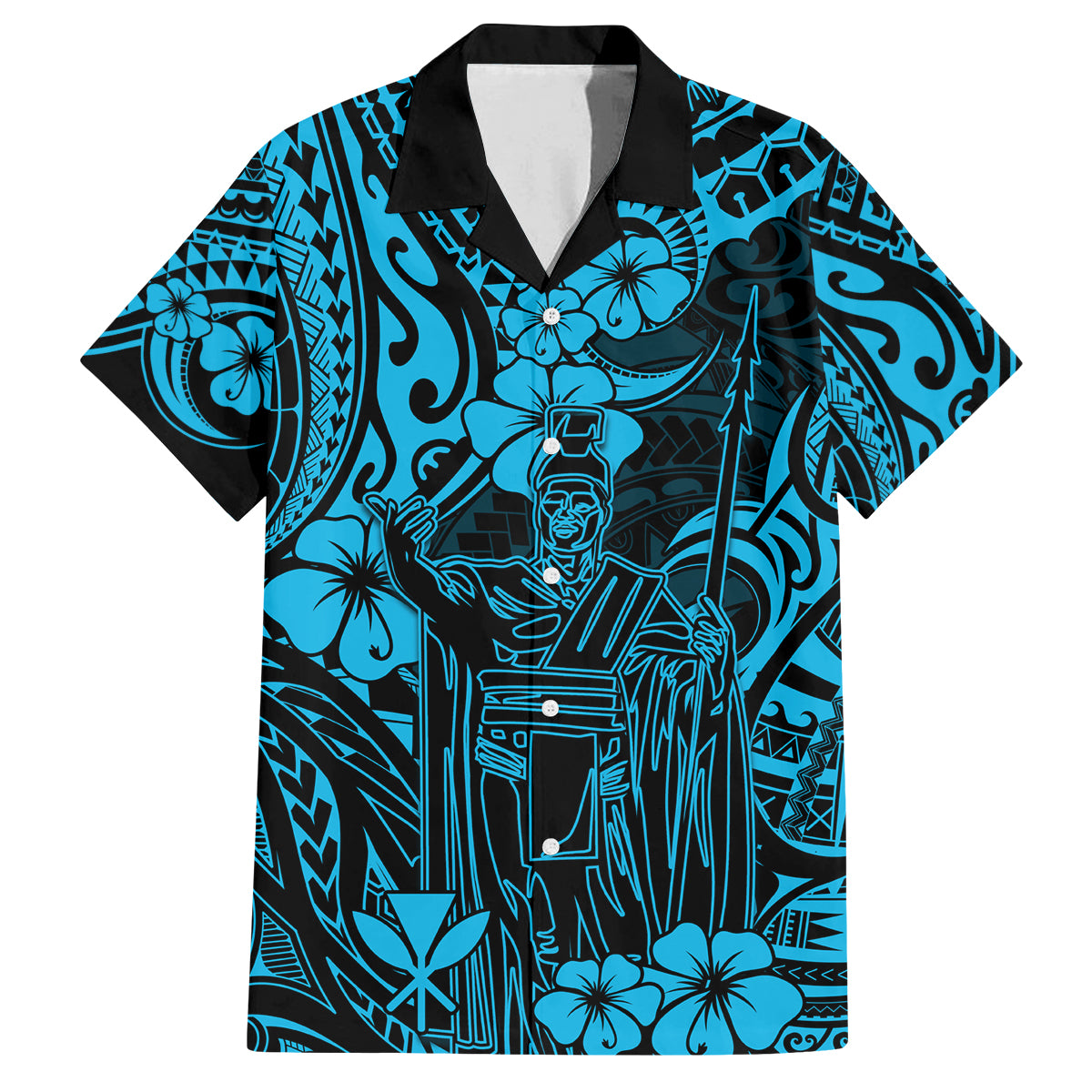 Hawaii King Kamehameha Family Matching Puletasi Dress and Hawaiian Shirt Polynesian Pattern Sky Blue Version - Wonder Print Shop