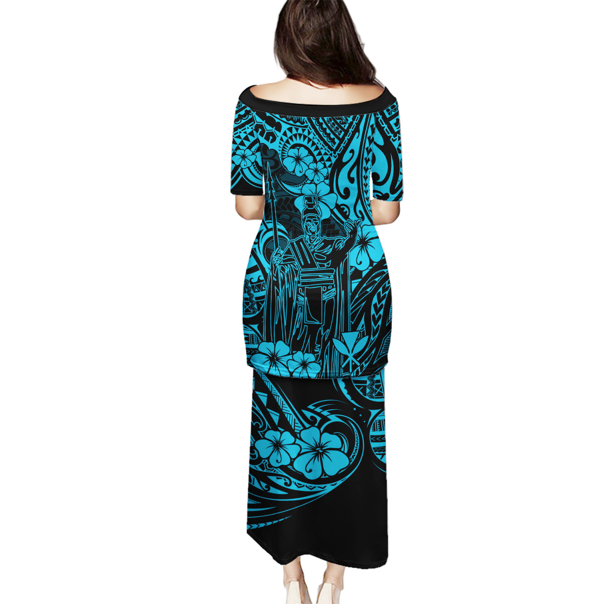 Hawaii King Kamehameha Family Matching Puletasi Dress and Hawaiian Shirt Polynesian Pattern Sky Blue Version - Wonder Print Shop