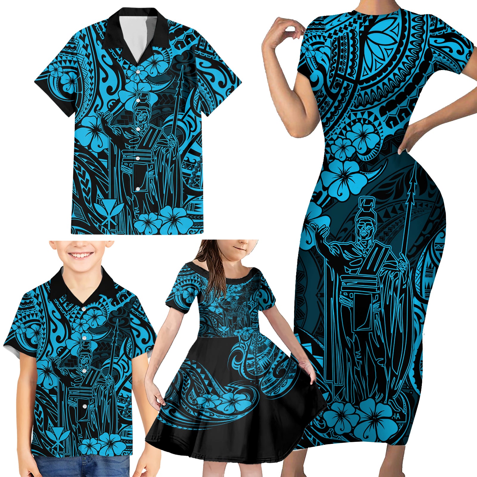 Hawaii King Kamehameha Family Matching Short Sleeve Bodycon Dress and Hawaiian Shirt Polynesian Pattern Sky Blue Version - Wonder Print Shop
