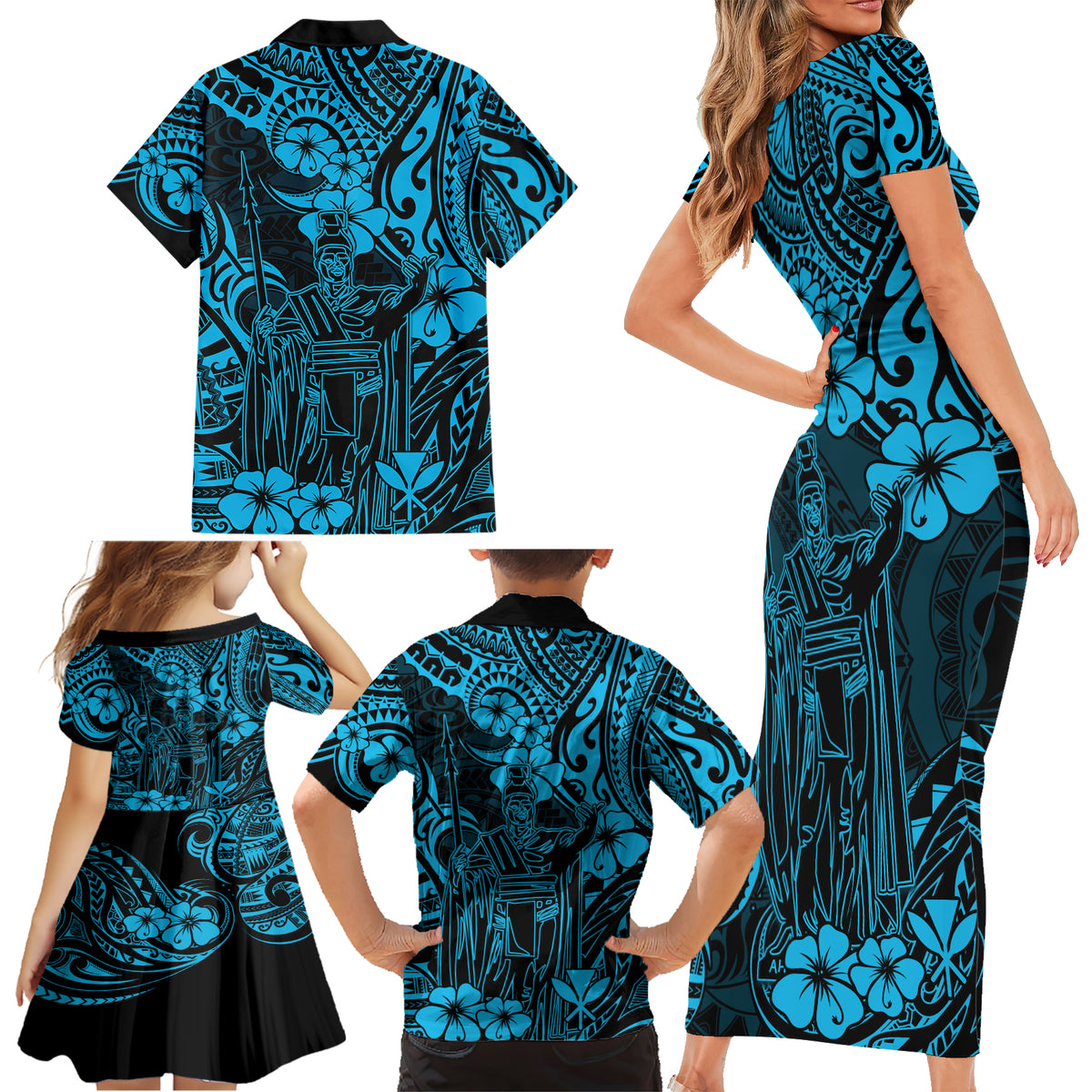Hawaii King Kamehameha Family Matching Short Sleeve Bodycon Dress and Hawaiian Shirt Polynesian Pattern Sky Blue Version - Wonder Print Shop