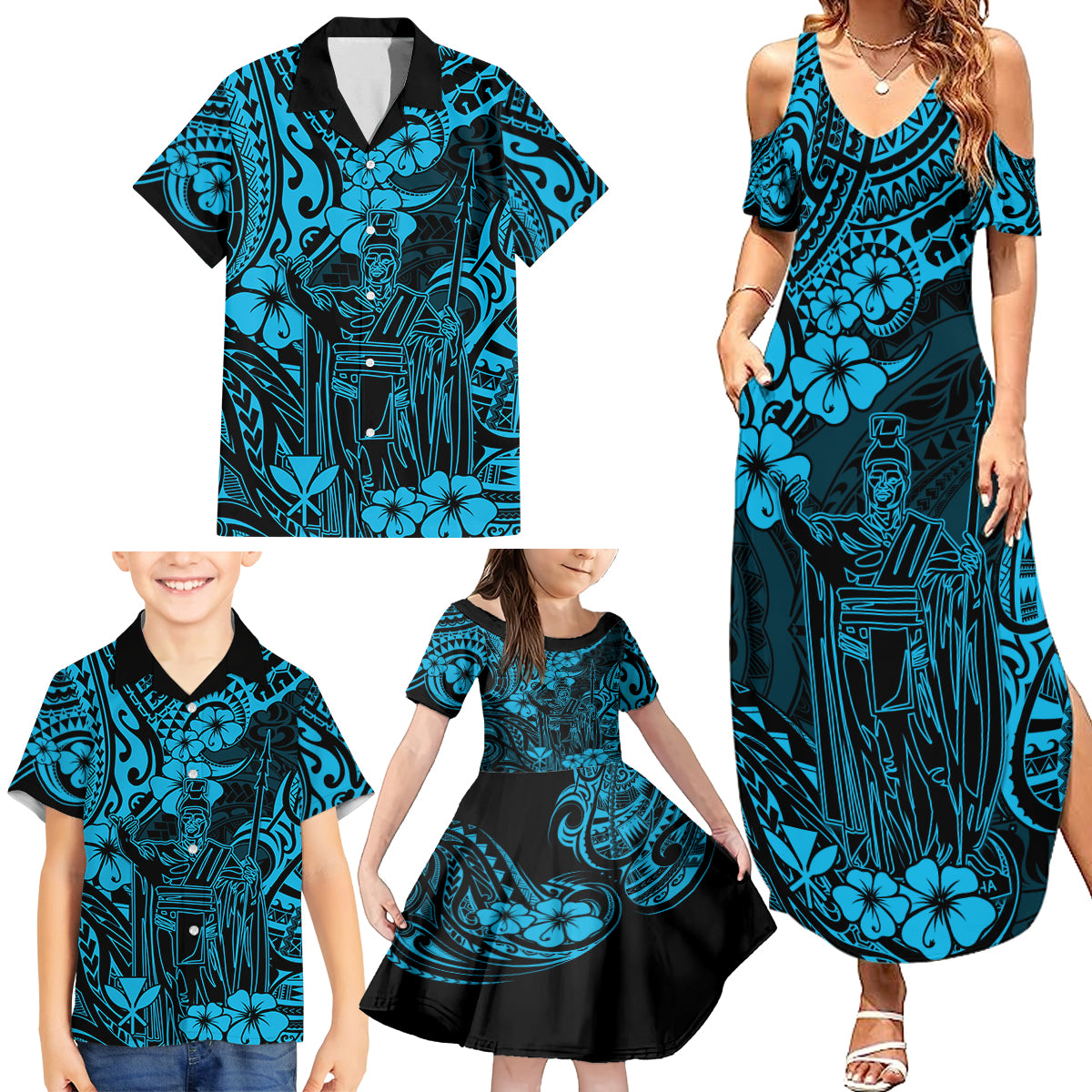 Hawaii King Kamehameha Family Matching Summer Maxi Dress and Hawaiian Shirt Polynesian Pattern Sky Blue Version - Wonder Print Shop