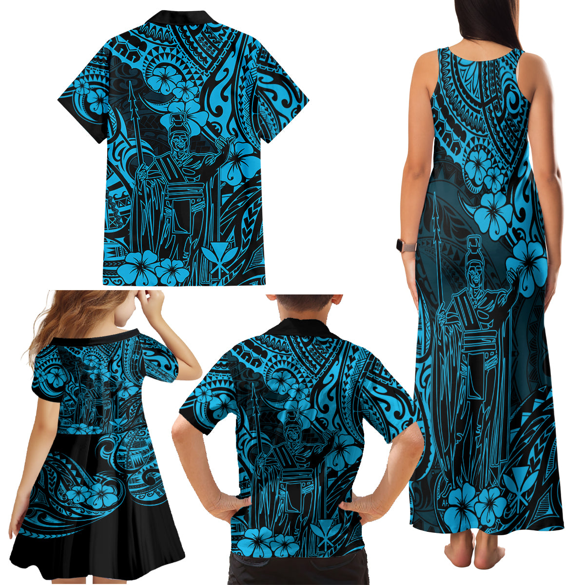 Hawaii King Kamehameha Family Matching Tank Maxi Dress and Hawaiian Shirt Polynesian Pattern Sky Blue Version - Wonder Print Shop