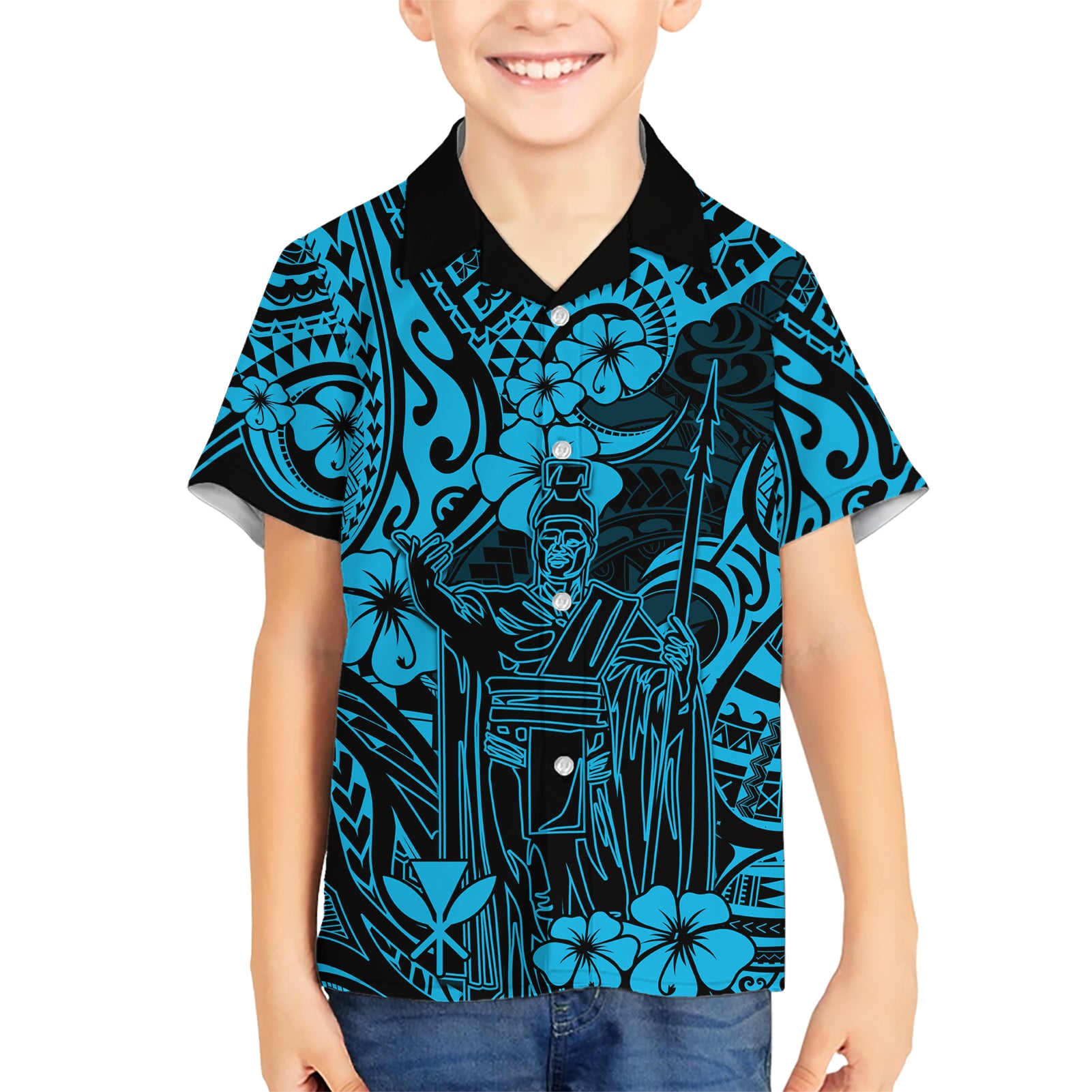 Hawaii King Kamehameha Kid Hawaiian Shirt Polynesian Pattern Sky Blue Version - Wonder Print Shop