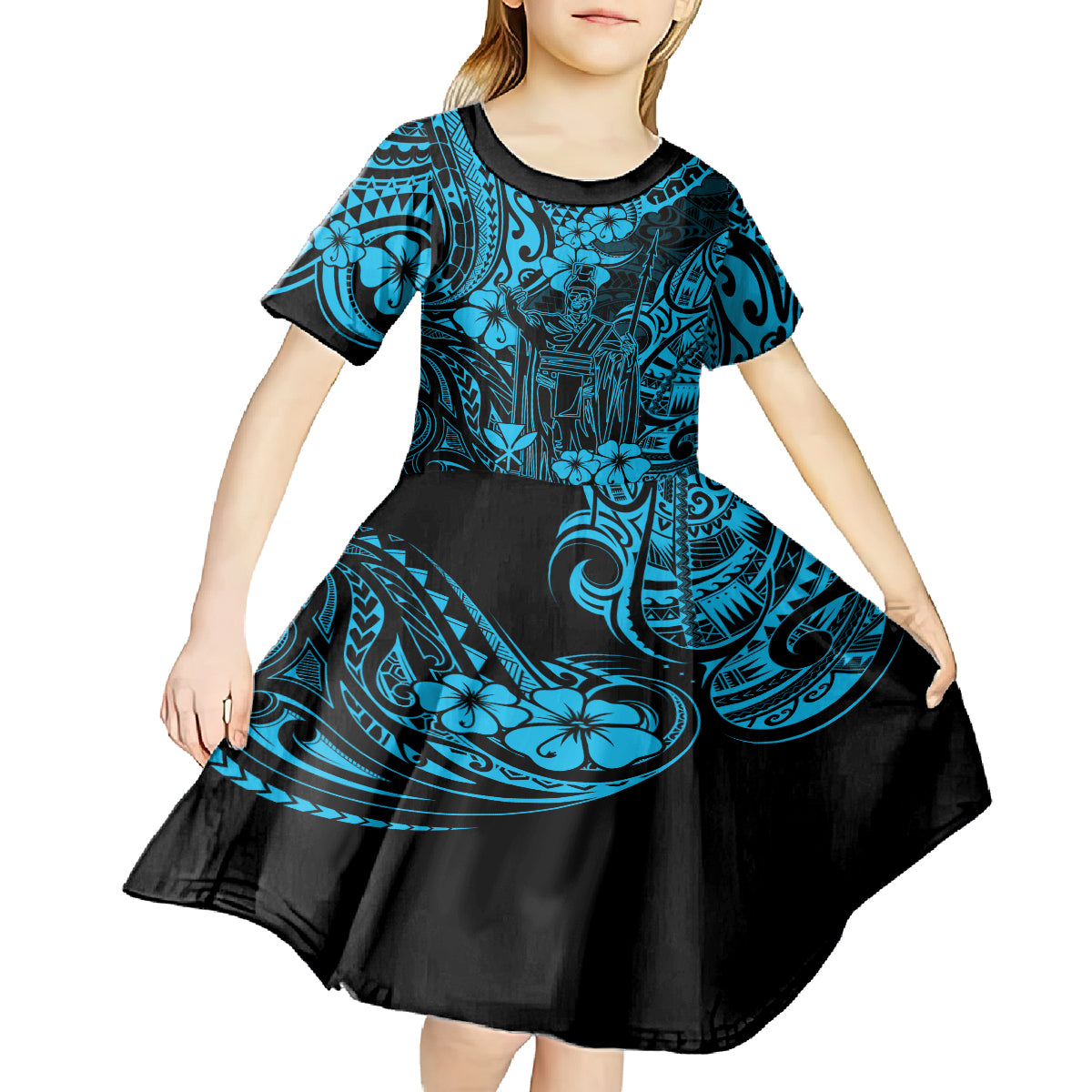 Hawaii King Kamehameha Kid Short Sleeve Dress Polynesian Pattern Sky Blue Version - Wonder Print Shop