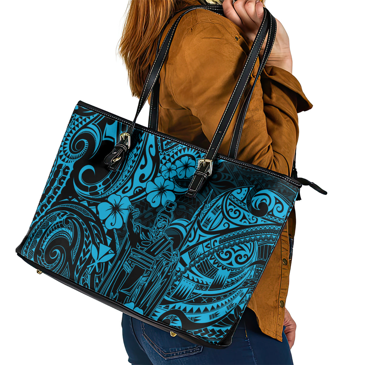Hawaii King Kamehameha Leather Tote Bag Polynesian Pattern Sky Blue Version - Wonder Print Shop