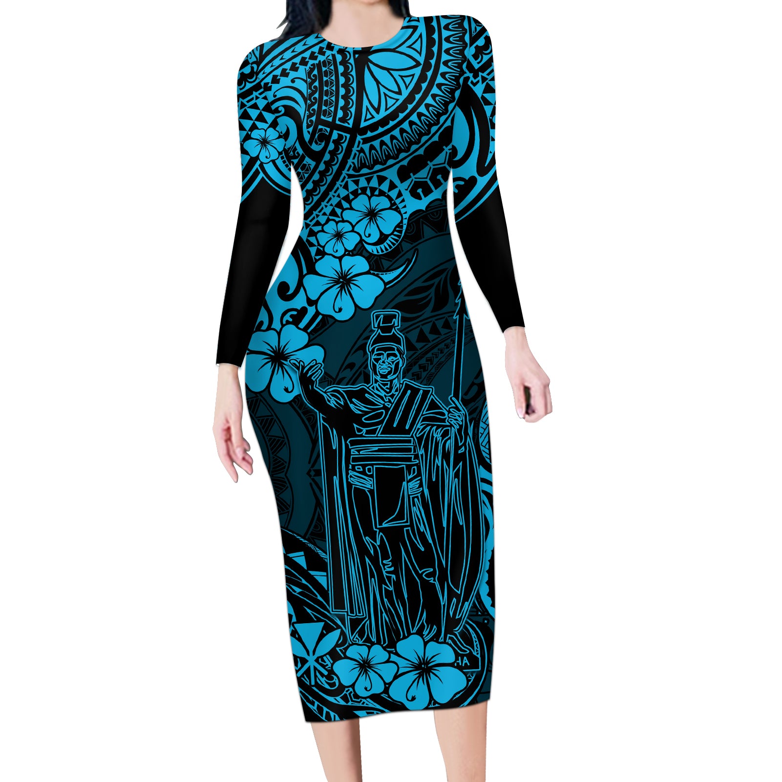 Hawaii King Kamehameha Long Sleeve Bodycon Dress Polynesian Pattern Sky Blue Version - Wonder Print Shop
