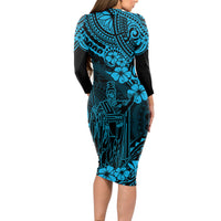 Hawaii King Kamehameha Long Sleeve Bodycon Dress Polynesian Pattern Sky Blue Version - Wonder Print Shop