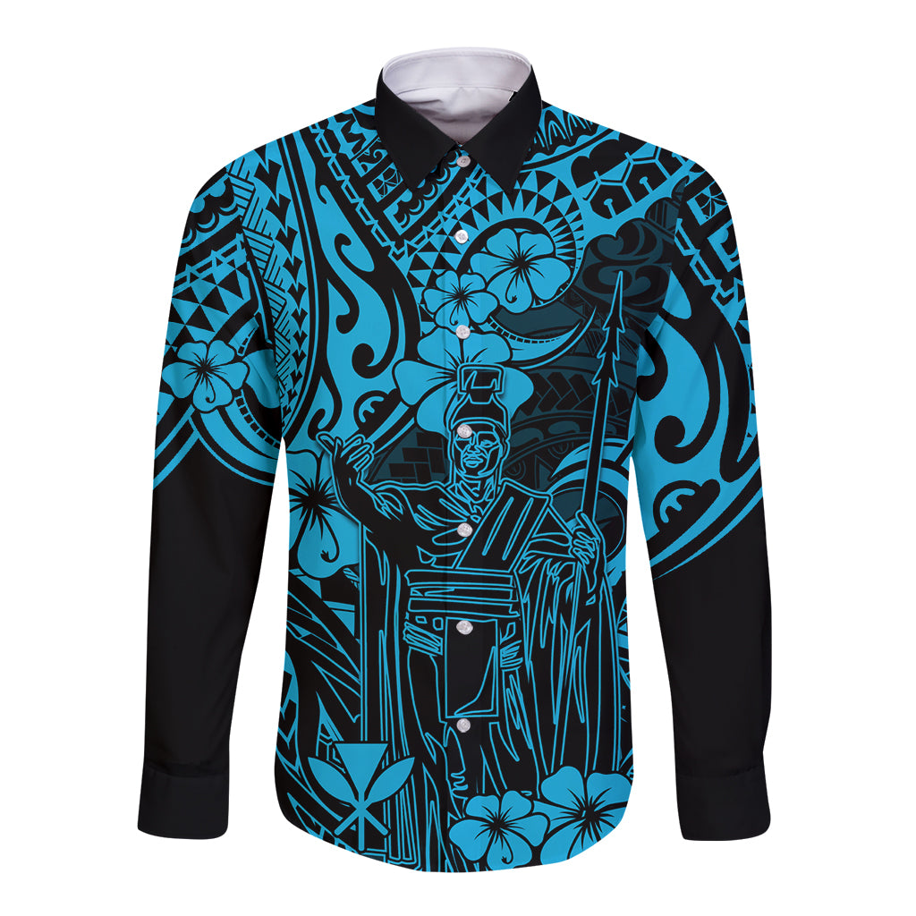 Hawaii King Kamehameha Long Sleeve Button Shirt Polynesian Pattern Sky Blue Version - Wonder Print Shop