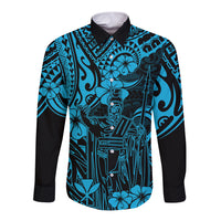 Hawaii King Kamehameha Long Sleeve Button Shirt Polynesian Pattern Sky Blue Version - Wonder Print Shop