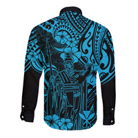 Hawaii King Kamehameha Long Sleeve Button Shirt Polynesian Pattern Sky Blue Version - Wonder Print Shop