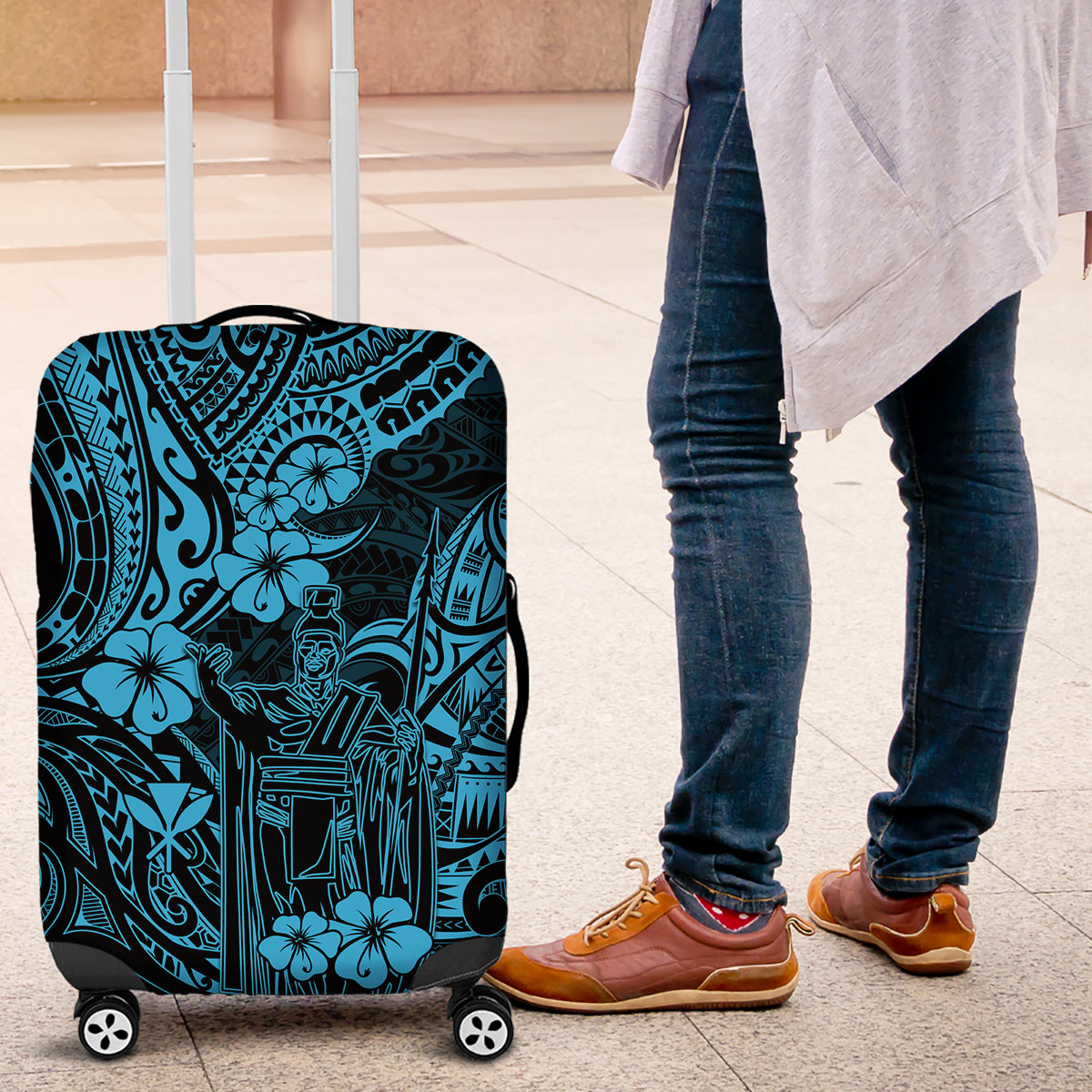 Hawaii King Kamehameha Luggage Cover Polynesian Pattern Sky Blue Version - Wonder Print Shop