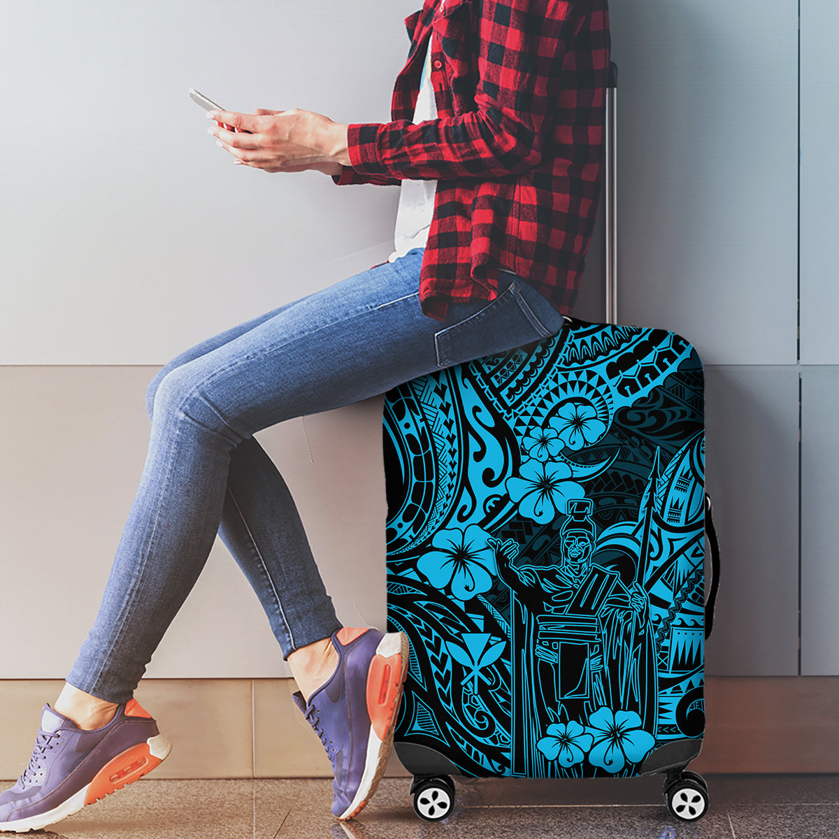 Hawaii King Kamehameha Luggage Cover Polynesian Pattern Sky Blue Version - Wonder Print Shop