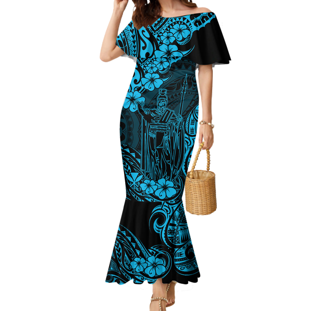 Hawaii King Kamehameha Mermaid Dress Polynesian Pattern Sky Blue Version - Wonder Print Shop