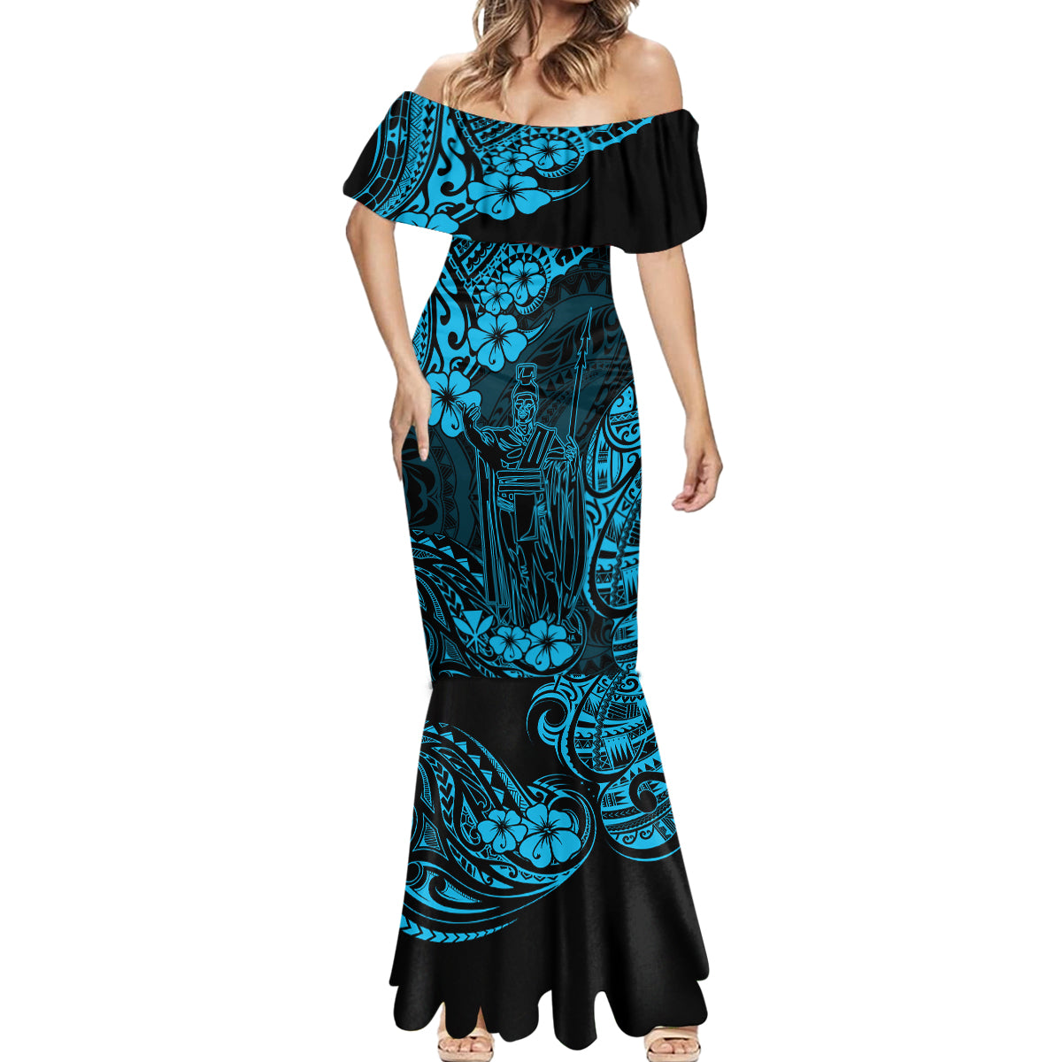 Hawaii King Kamehameha Mermaid Dress Polynesian Pattern Sky Blue Version - Wonder Print Shop