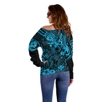 Hawaii King Kamehameha Off Shoulder Sweater Polynesian Pattern Sky Blue Version - Wonder Print Shop