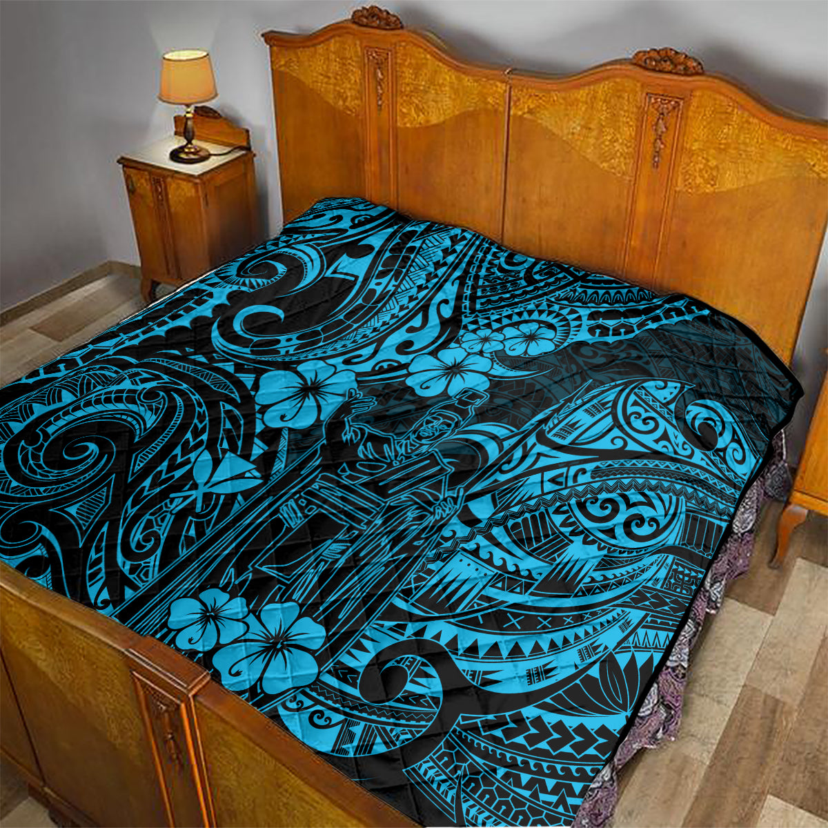 Hawaii King Kamehameha Quilt Polynesian Pattern Sky Blue Version - Wonder Print Shop