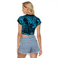 Hawaii King Kamehameha Raglan Cropped T Shirt Polynesian Pattern Sky Blue Version - Wonder Print Shop