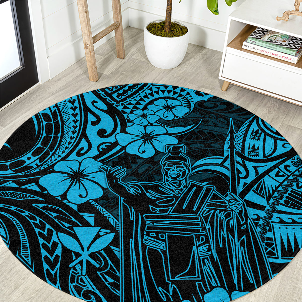 hawaii-king-kamehameha-round-carpet-polynesian-pattern-sky-blue-version