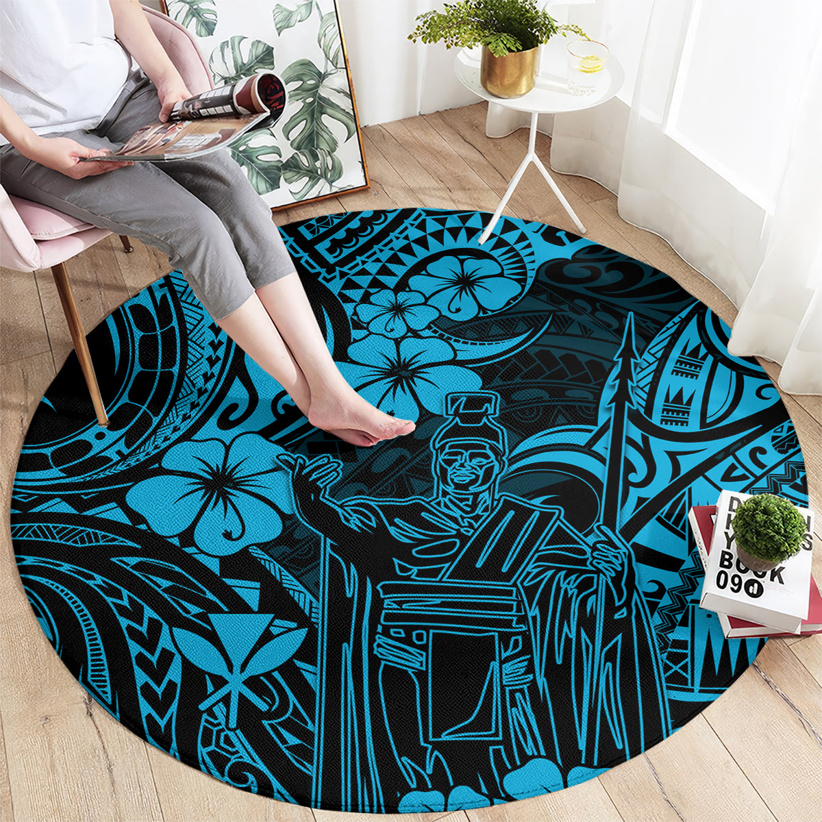 hawaii-king-kamehameha-round-carpet-polynesian-pattern-sky-blue-version
