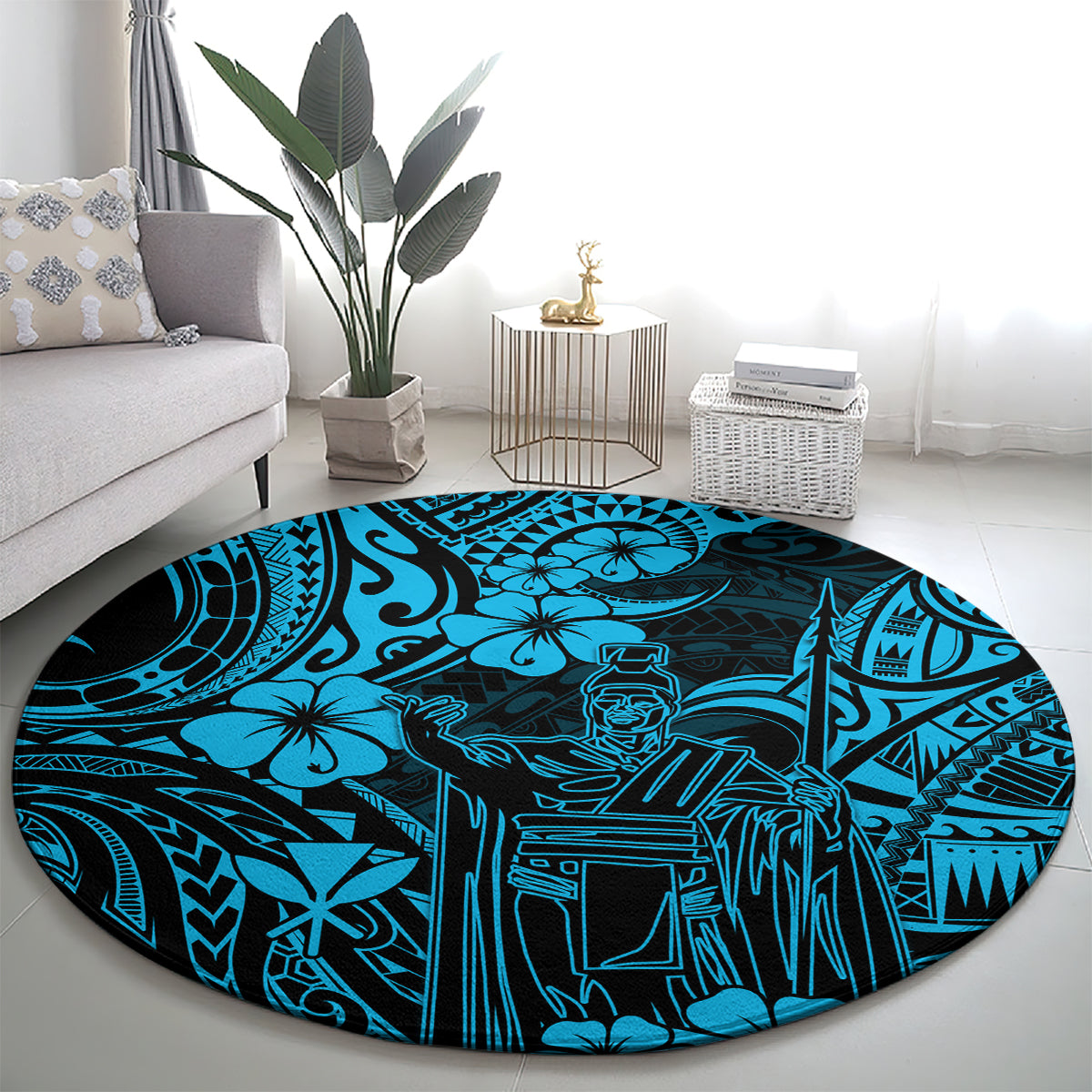 hawaii-king-kamehameha-round-carpet-polynesian-pattern-sky-blue-version
