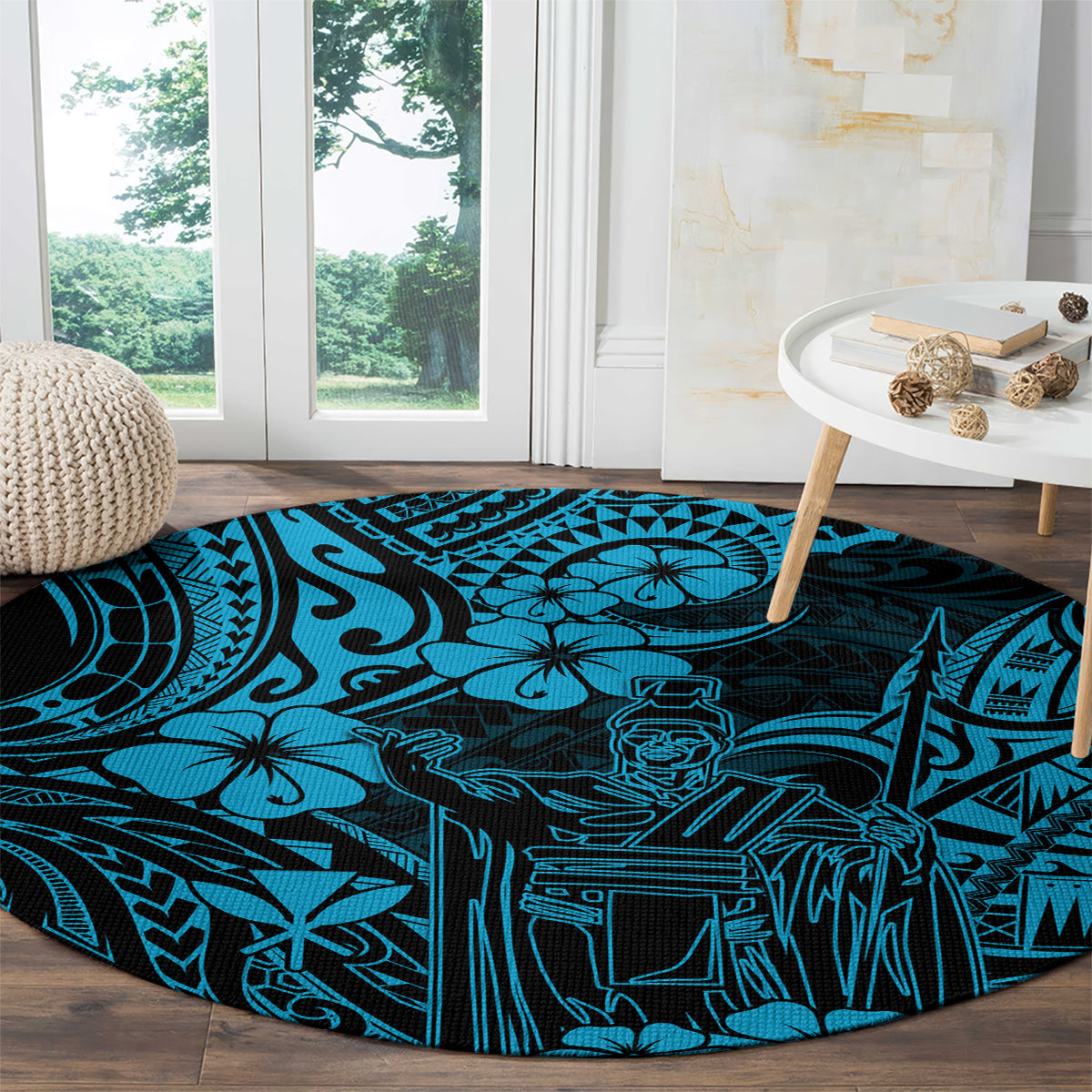 hawaii-king-kamehameha-round-carpet-polynesian-pattern-sky-blue-version