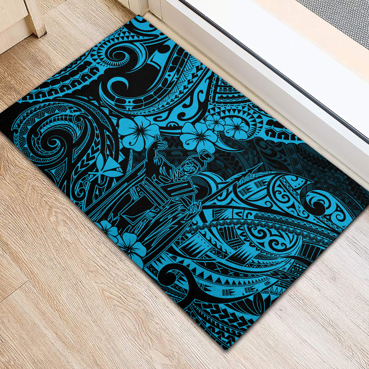 Hawaii King Kamehameha Rubber Doormat Polynesian Pattern Sky Blue Version - Wonder Print Shop