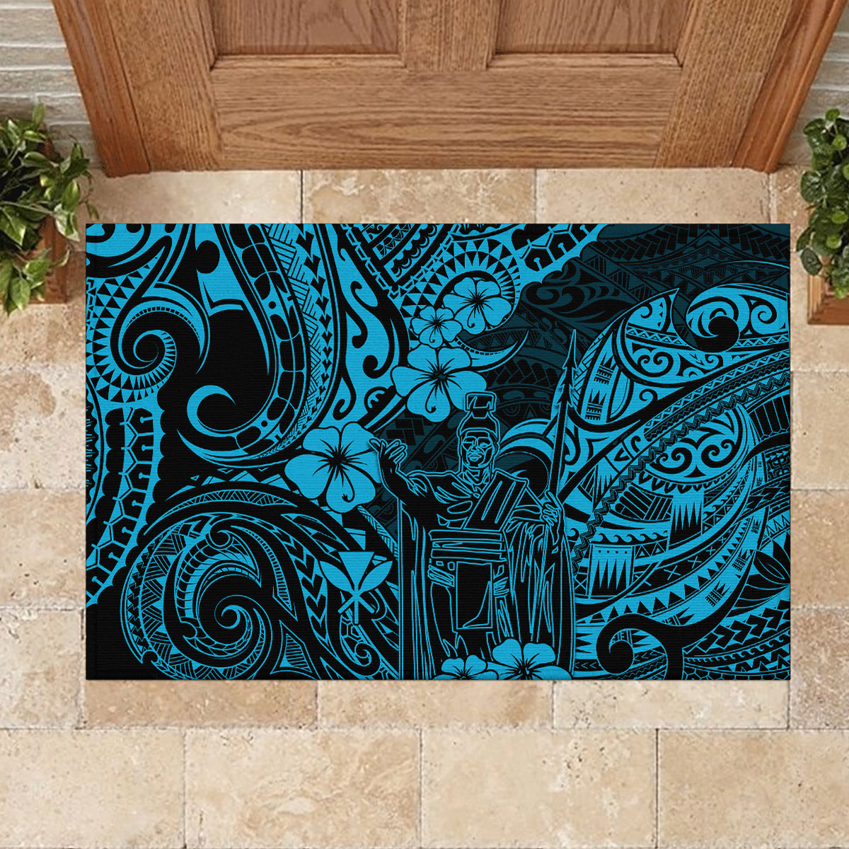Hawaii King Kamehameha Rubber Doormat Polynesian Pattern Sky Blue Version - Wonder Print Shop