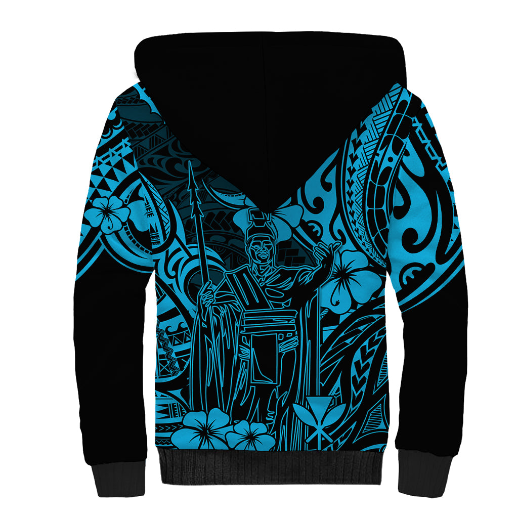 Hawaii King Kamehameha Sherpa Hoodie Polynesian Pattern Sky Blue Version - Wonder Print Shop