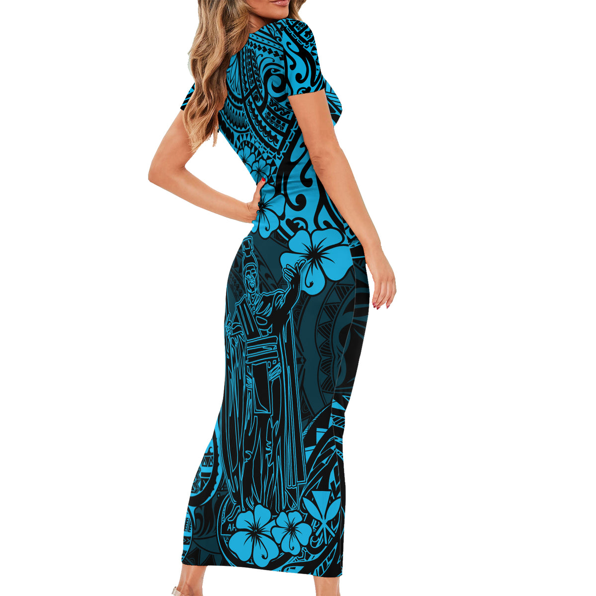 Hawaii King Kamehameha Short Sleeve Bodycon Dress Polynesian Pattern Sky Blue Version - Wonder Print Shop