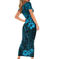 Hawaii King Kamehameha Short Sleeve Bodycon Dress Polynesian Pattern Sky Blue Version - Wonder Print Shop