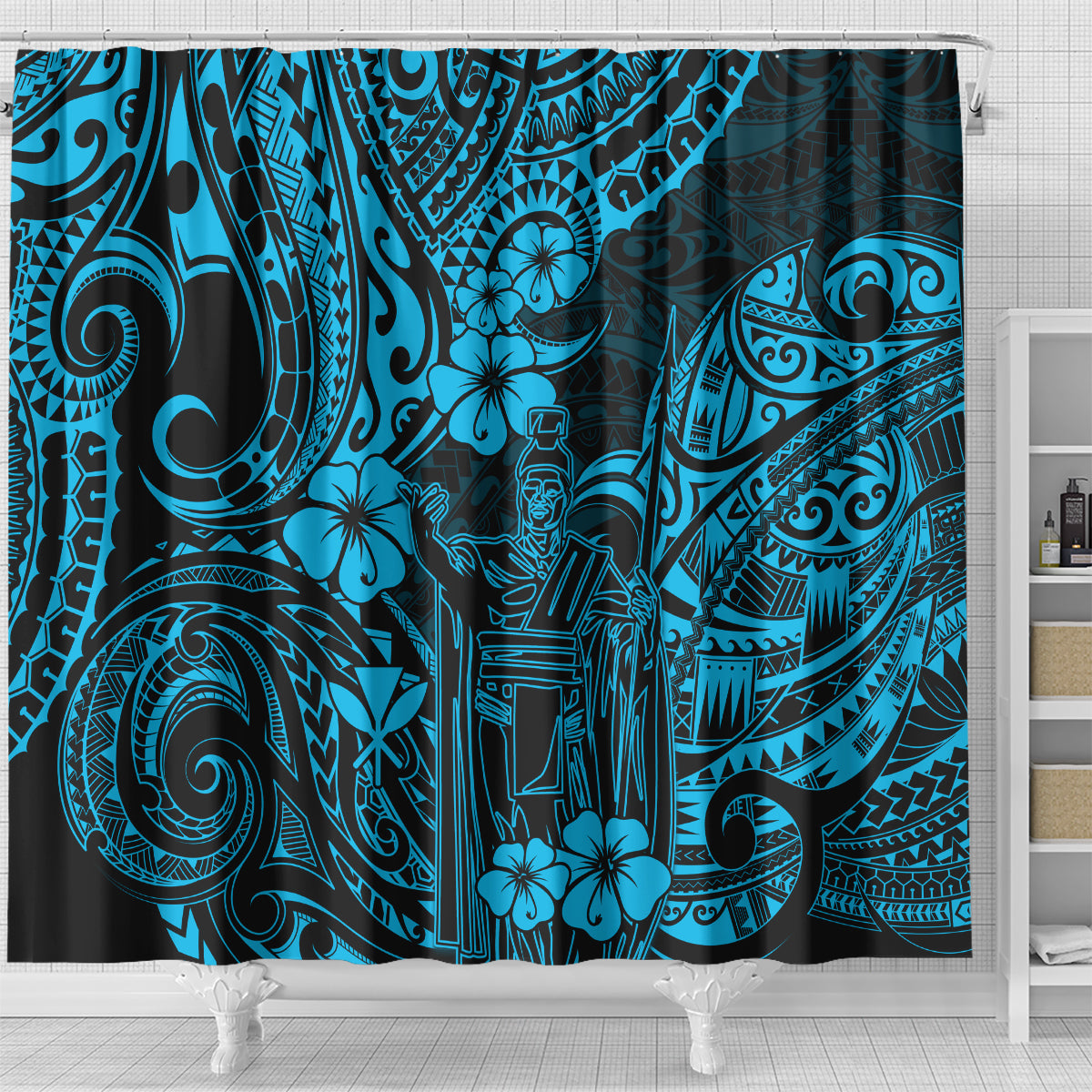 hawaii-king-kamehameha-shower-curtain-polynesian-pattern-sky-blue-version