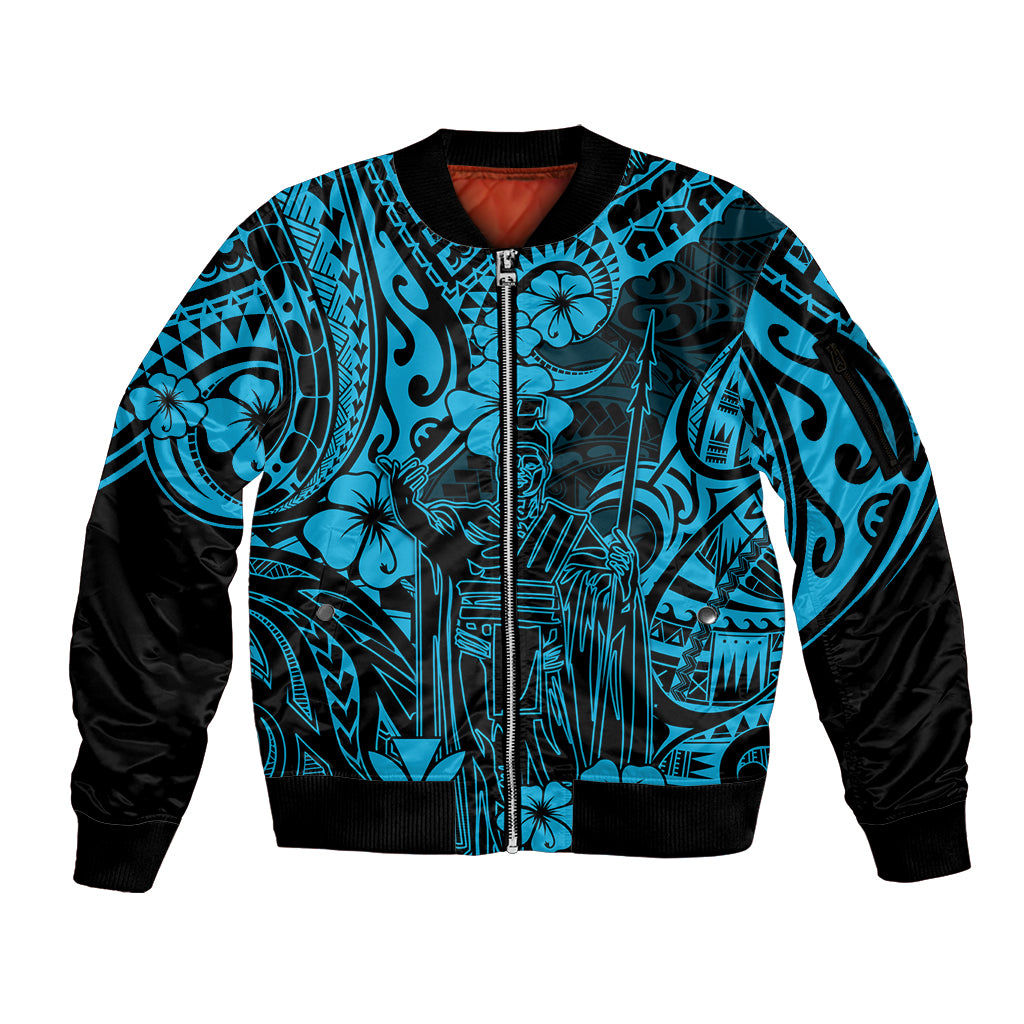 Hawaii King Kamehameha Sleeve Zip Bomber Jacket Polynesian Pattern Sky Blue Version - Wonder Print Shop