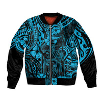 Hawaii King Kamehameha Sleeve Zip Bomber Jacket Polynesian Pattern Sky Blue Version - Wonder Print Shop