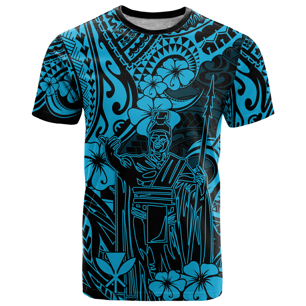 Hawaii King Kamehameha T Shirt Polynesian Pattern Sky Blue Version - Wonder Print Shop