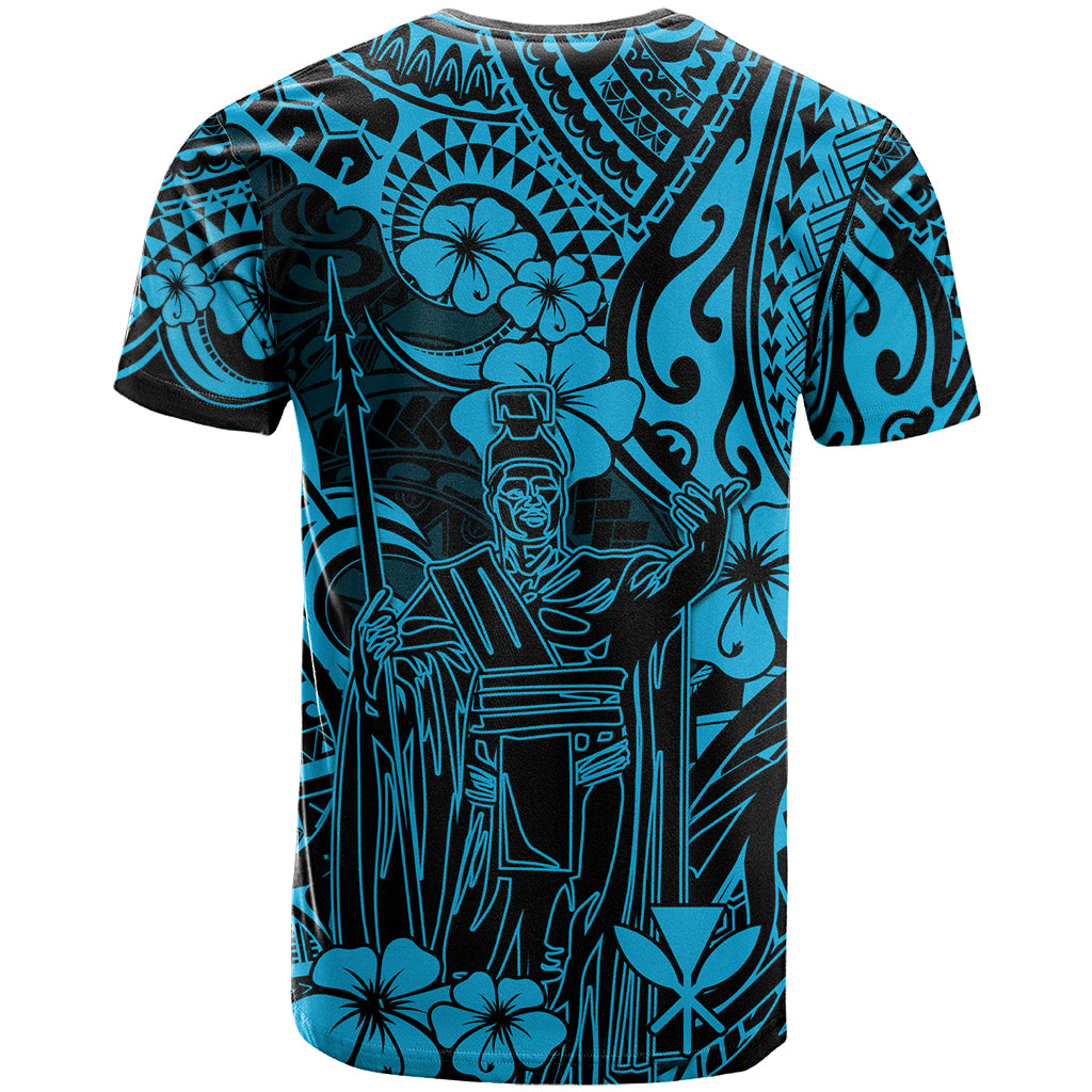 Hawaii King Kamehameha T Shirt Polynesian Pattern Sky Blue Version - Wonder Print Shop