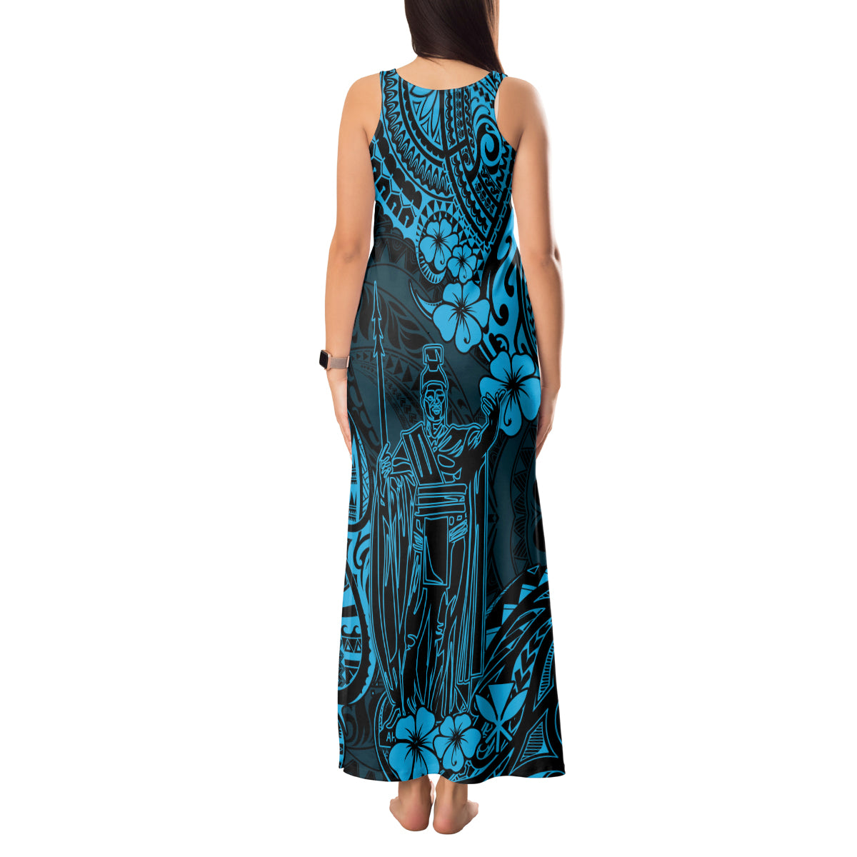 Hawaii King Kamehameha Tank Maxi Dress Polynesian Pattern Sky Blue Version - Wonder Print Shop