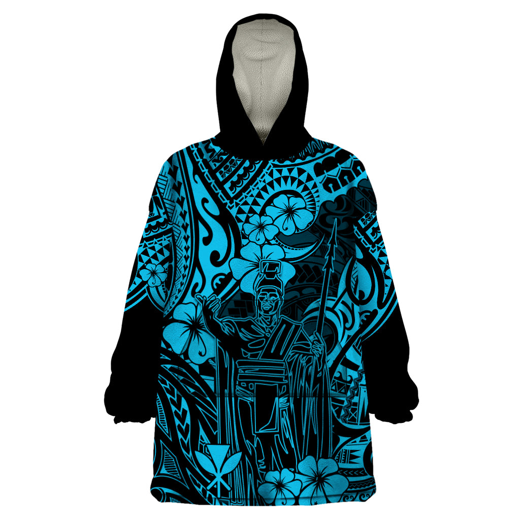 Hawaii King Kamehameha Wearable Blanket Hoodie Polynesian Pattern Sky Blue Version - Wonder Print Shop