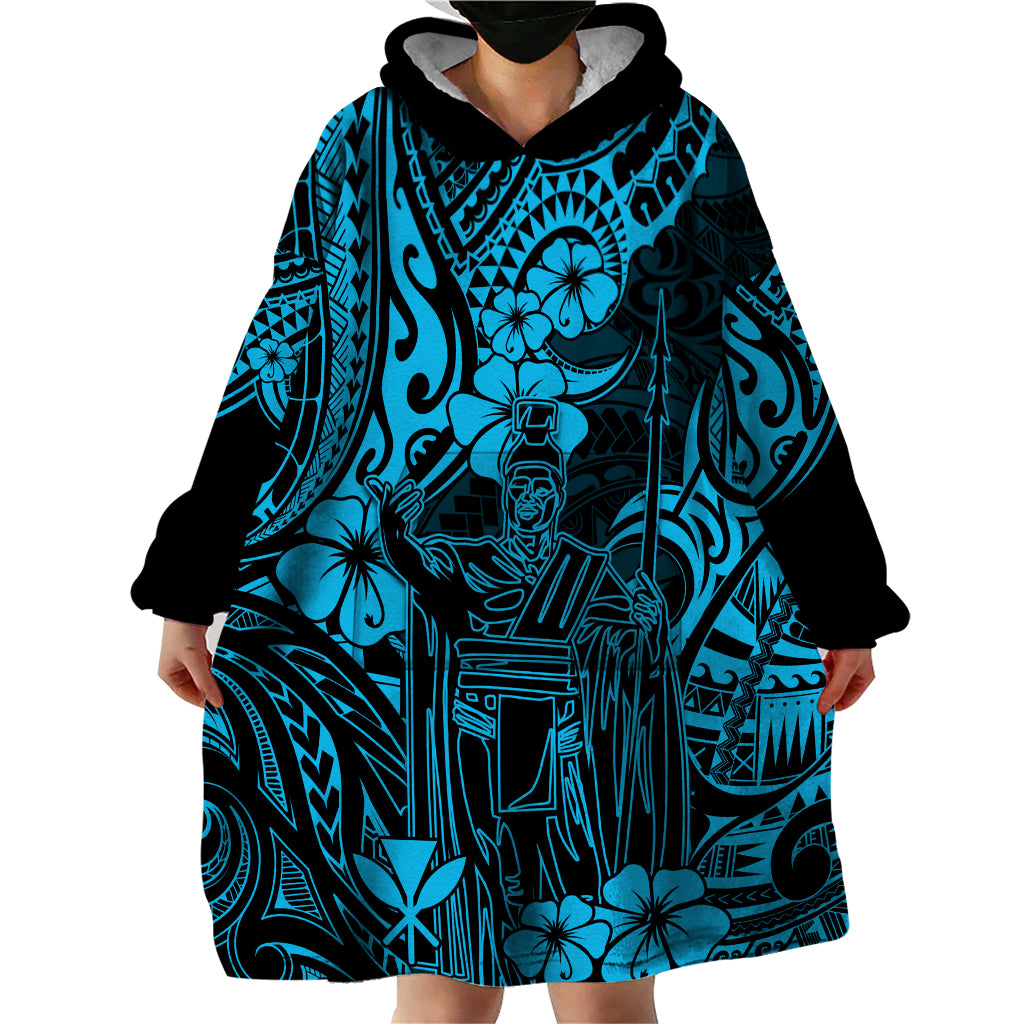 Hawaii King Kamehameha Wearable Blanket Hoodie Polynesian Pattern Sky Blue Version - Wonder Print Shop