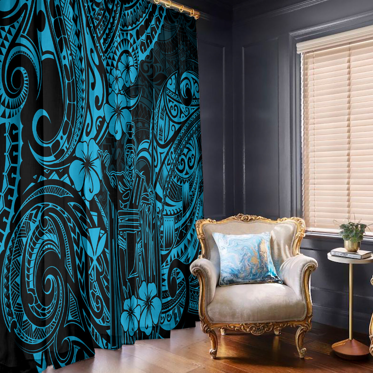 Hawaii King Kamehameha Window Curtain Polynesian Pattern Sky Blue Version - Wonder Print Shop